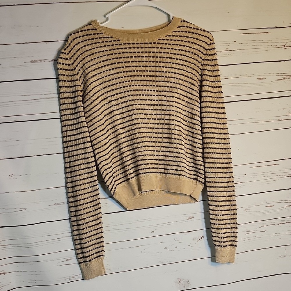 ZARA Textured Stripe Knit Sweater Long Sleeve Crew Neck Tan Brown Womens M